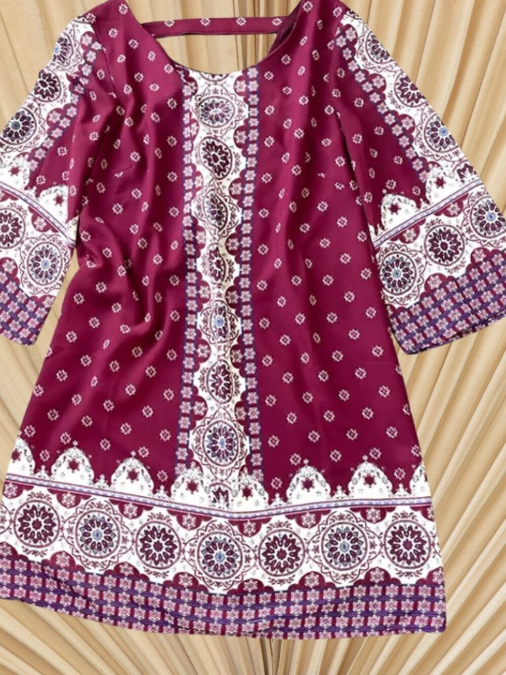 Boho Women’s Dress size Medium burgundy bohemian red white knee length